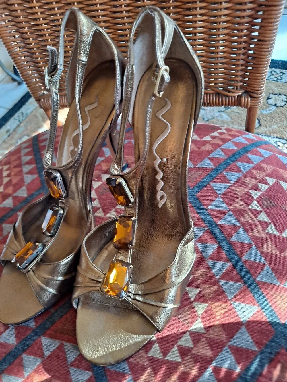 Nina Metallic Gold T-Strap Gemstone High Heels